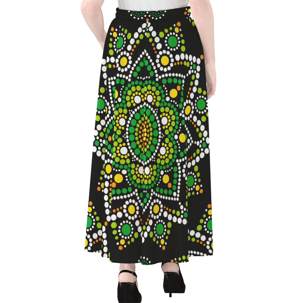 Green White Dot Mandala Print Chiffon Maxi Skirt
