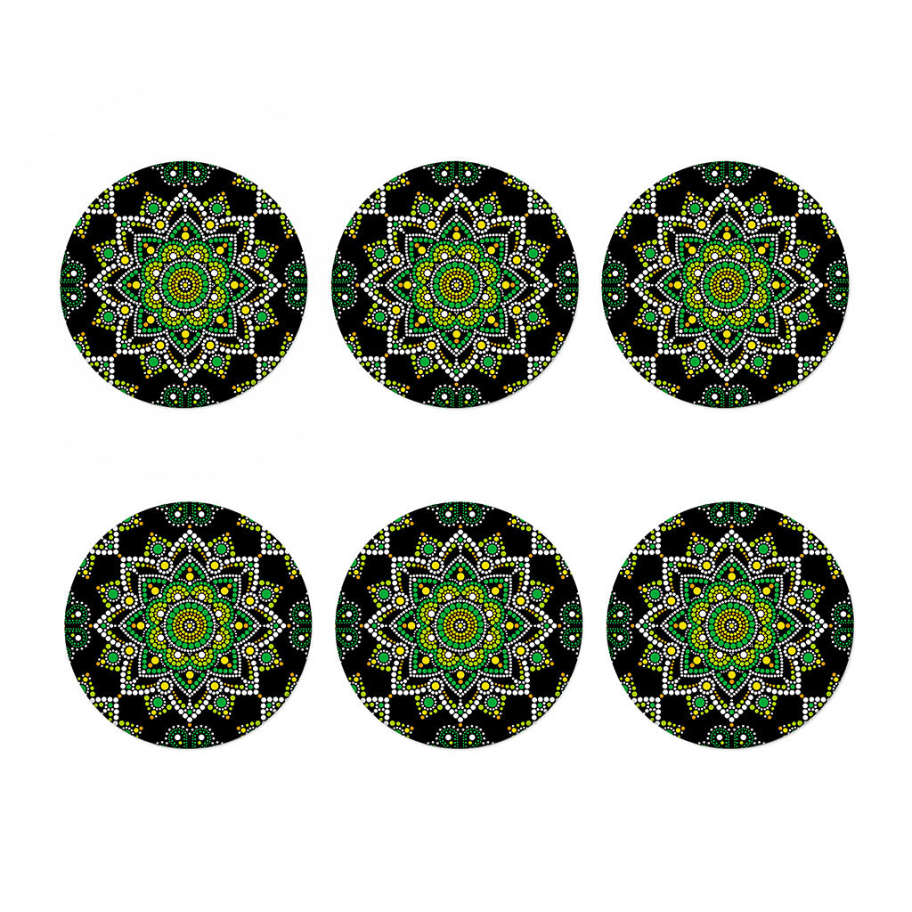 Green White Dot Mandala Print Coaster Set