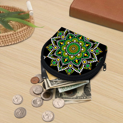 Green White Dot Mandala Print Coin Purse