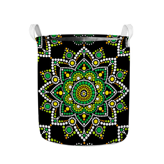 Green White Dot Mandala Print Collapsible Laundry Basket