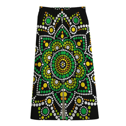 Green White Dot Mandala Print Cotton Front Slit Maxi Skirt