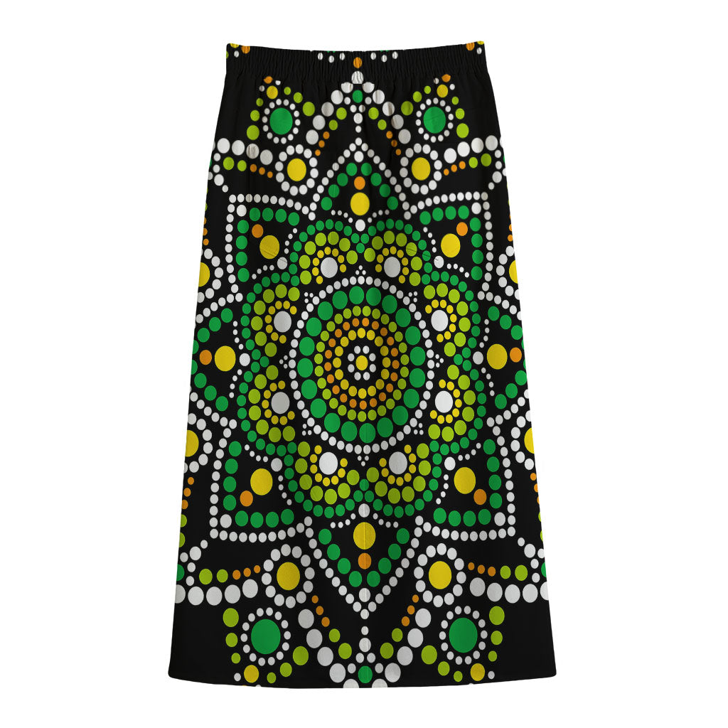 Green White Dot Mandala Print Cotton Front Slit Maxi Skirt