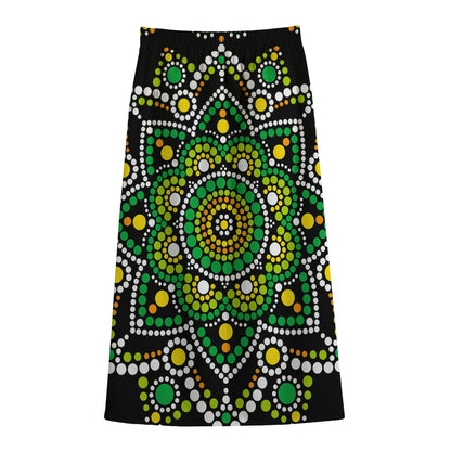 Green White Dot Mandala Print Cotton Front Slit Maxi Skirt