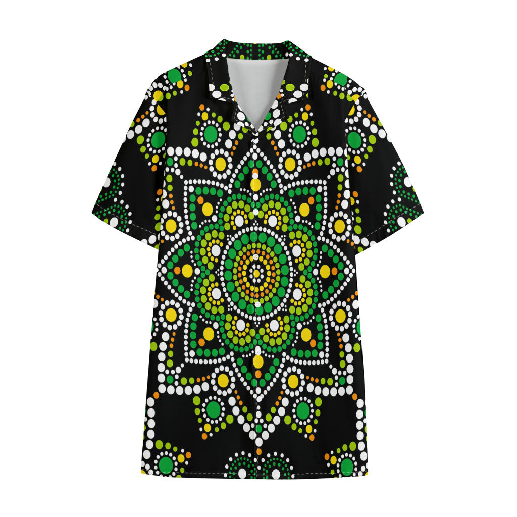 Green White Dot Mandala Print Cotton Hawaiian Shirt