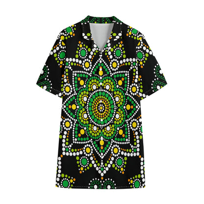 Green White Dot Mandala Print Cotton Hawaiian Shirt