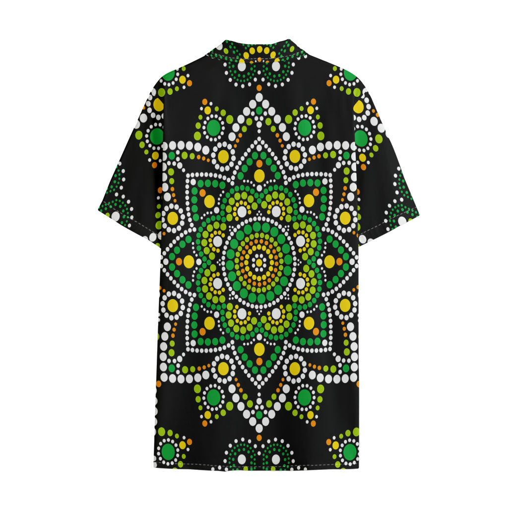 Green White Dot Mandala Print Cotton Hawaiian Shirt