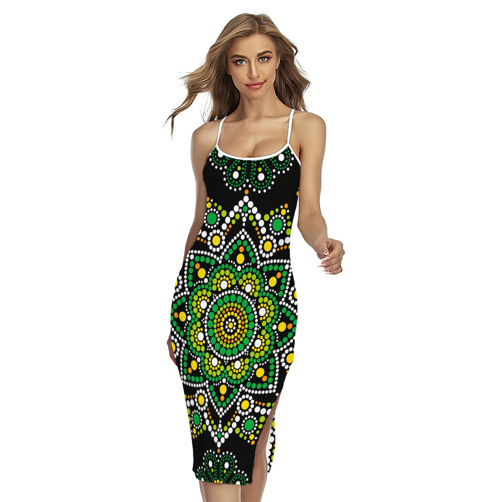 Green White Dot Mandala Print Cross Back Cami Dress
