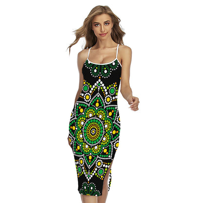 Green White Dot Mandala Print Cross Back Cami Dress