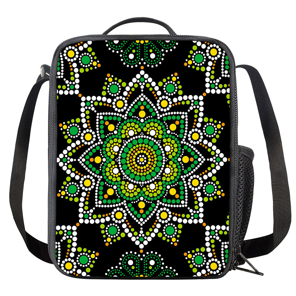 Green White Dot Mandala Print Crossbody Lunch Bag