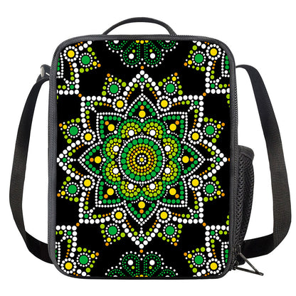 Green White Dot Mandala Print Crossbody Lunch Bag