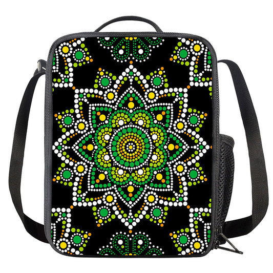 Green White Dot Mandala Print Crossbody Lunch Bag