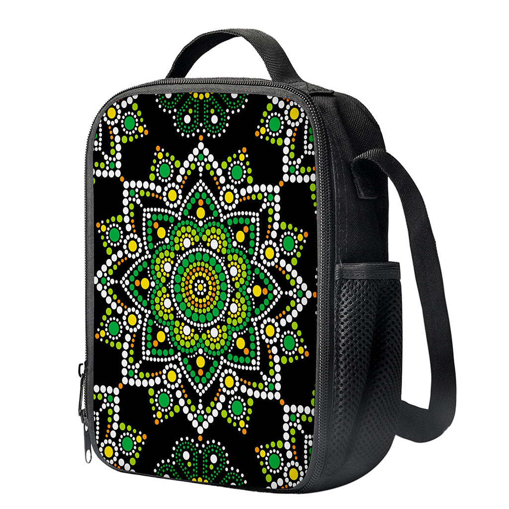 Green White Dot Mandala Print Crossbody Lunch Bag