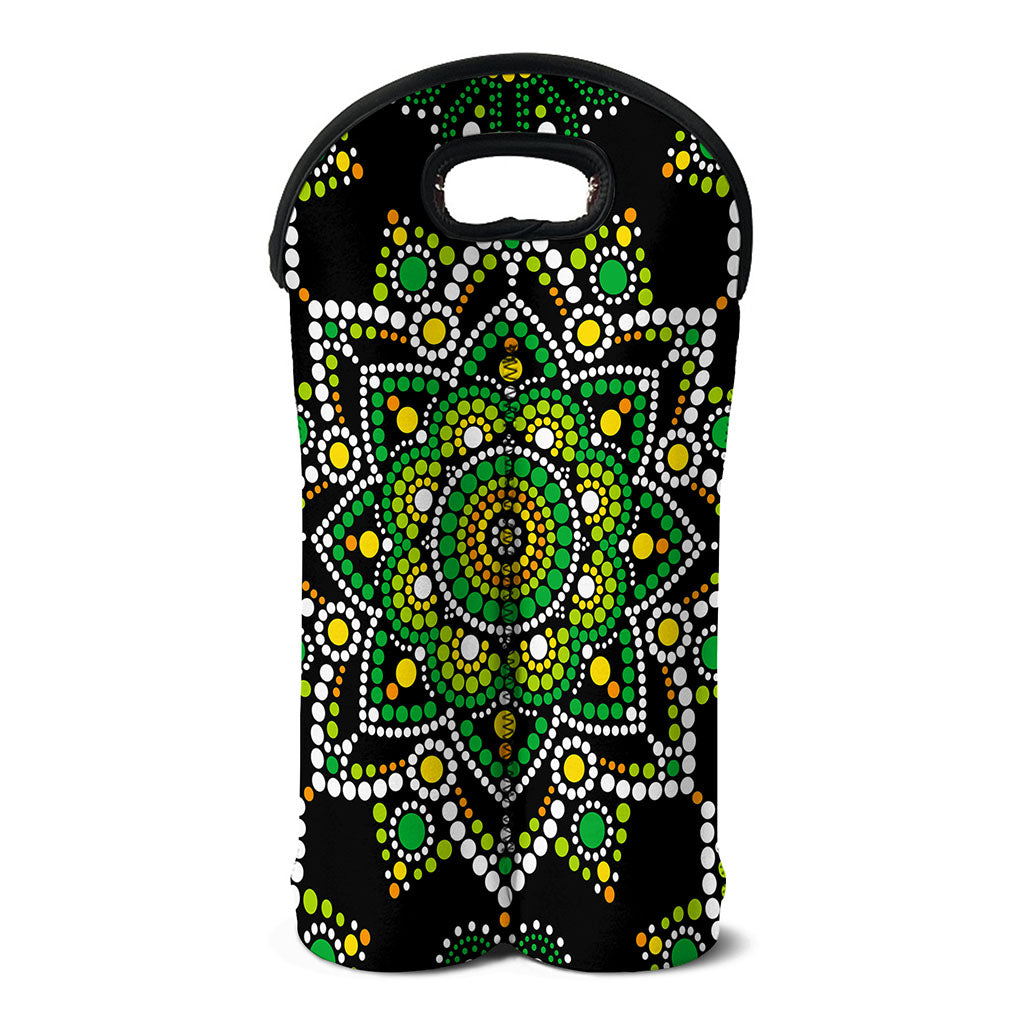 Green White Dot Mandala Print Double Neoprene Wine Tote