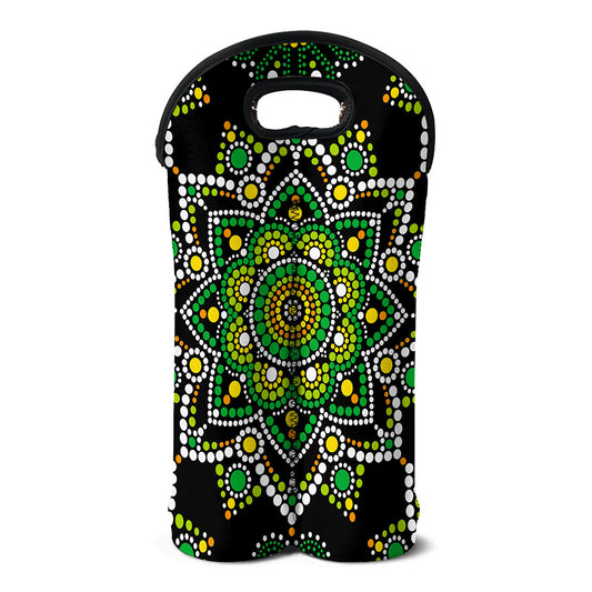 Green White Dot Mandala Print Double Neoprene Wine Tote