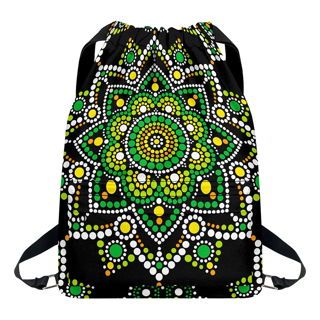 Green White Dot Mandala Print Drawstring Backpack