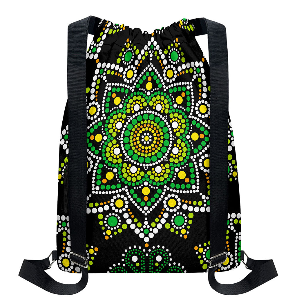 Green White Dot Mandala Print Drawstring Backpack