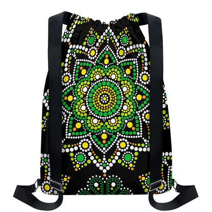 Green White Dot Mandala Print Drawstring Backpack