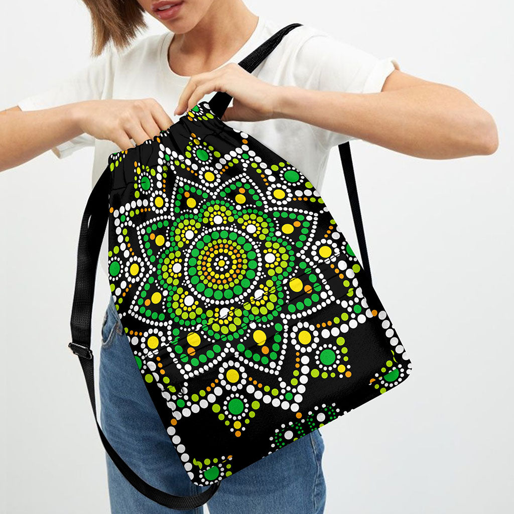 Green White Dot Mandala Print Drawstring Backpack