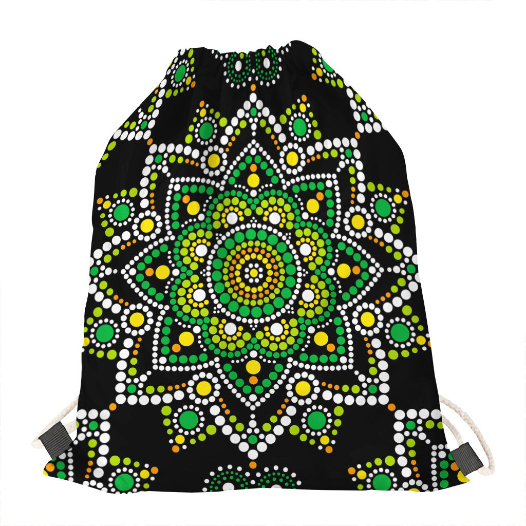 Green White Dot Mandala Print Drawstring Bag