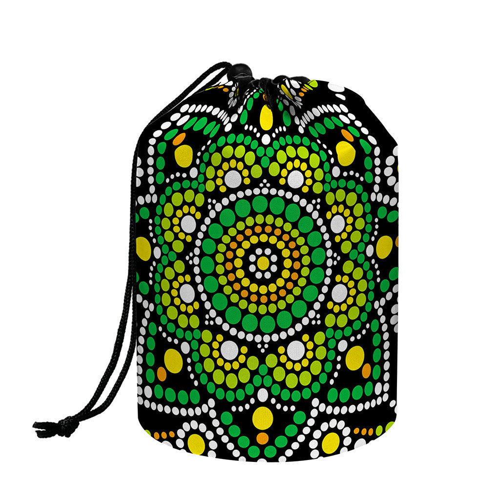 Green White Dot Mandala Print Drawstring Makeup Bag