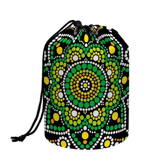 Green White Dot Mandala Print Drawstring Makeup Bag