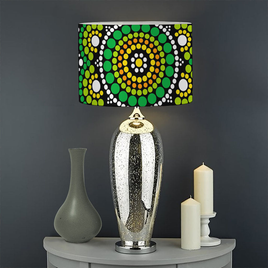 Green White Dot Mandala Print Drum Lamp Shade