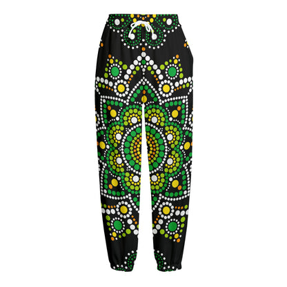 Green White Dot Mandala Print Fleece Lined Knit Pants