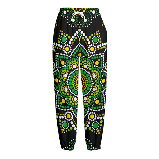 Green White Dot Mandala Print Fleece Lined Knit Pants