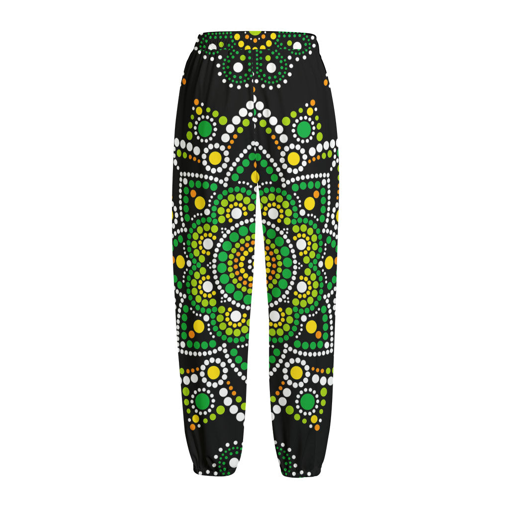 Green White Dot Mandala Print Fleece Lined Knit Pants