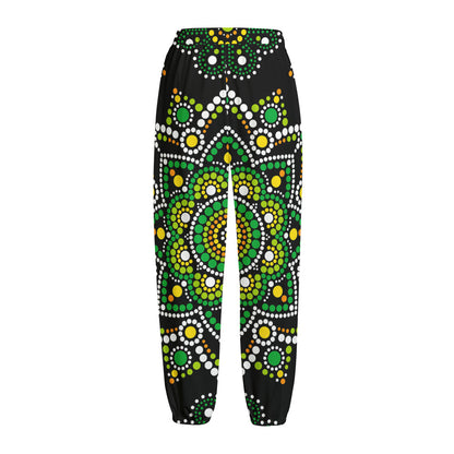 Green White Dot Mandala Print Fleece Lined Knit Pants