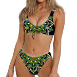 Green White Dot Mandala Print Front Bow Tie Bikini