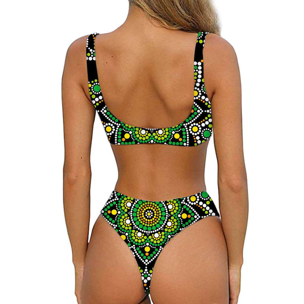 Green White Dot Mandala Print Front Bow Tie Bikini