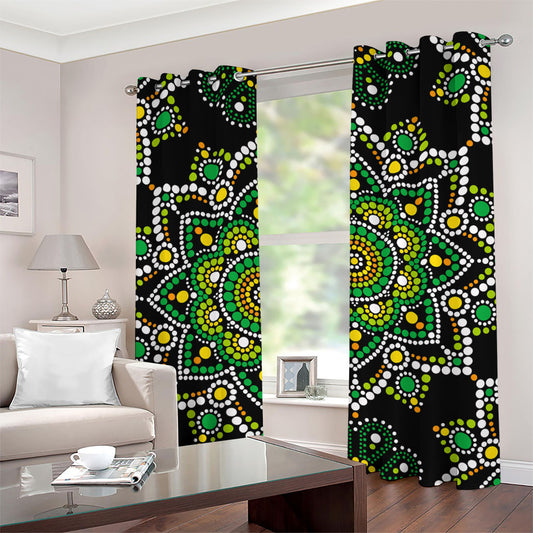 Green White Dot Mandala Print Grommet Curtains