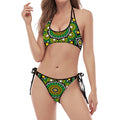 Green White Dot Mandala Print Halter Scoop Tie Side Bikini
