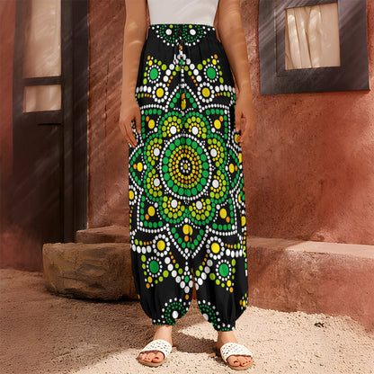 Green White Dot Mandala Print Harem Pants