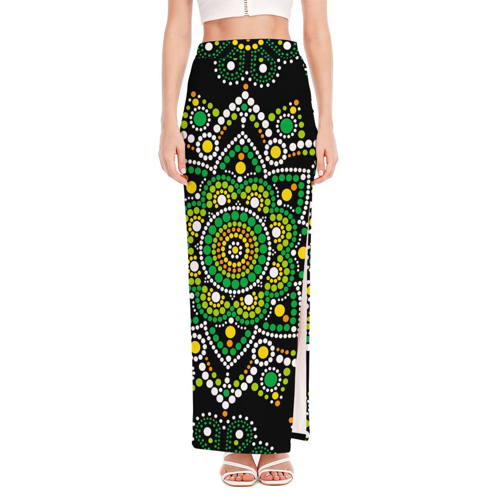 Green White Dot Mandala Print High Slit Maxi Skirt