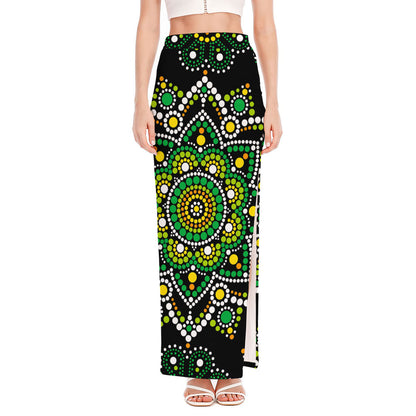 Green White Dot Mandala Print High Slit Maxi Skirt