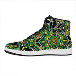 Green White Dot Mandala Print High Top Leather Sneakers