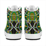 Green White Dot Mandala Print High Top Leather Sneakers
