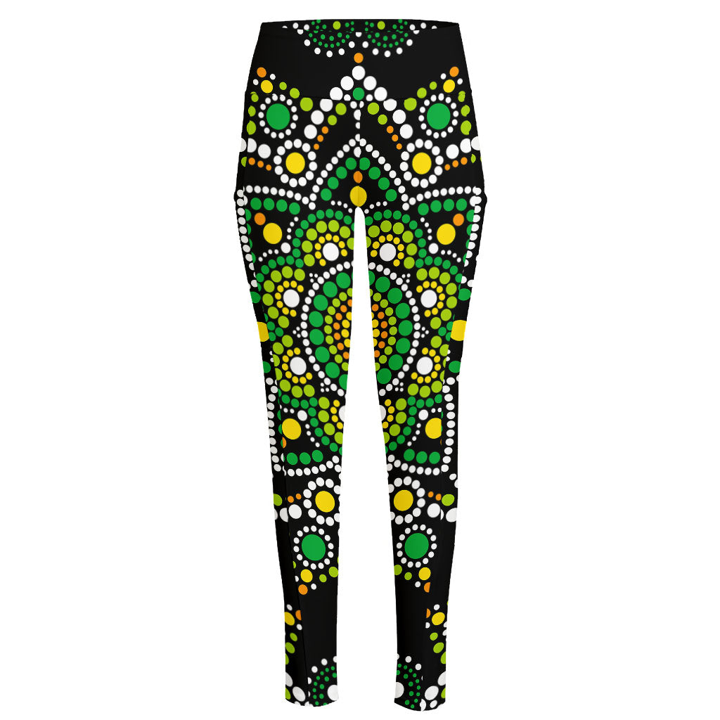 Green White Dot Mandala Print High-Waisted Pocket Leggings