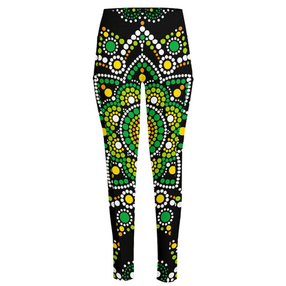 Green White Dot Mandala Print High-Waisted Pocket Leggings