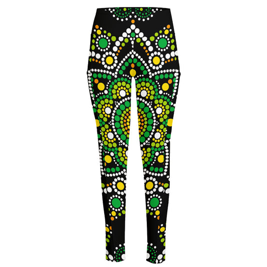 Green White Dot Mandala Print High-Waisted Pocket Leggings