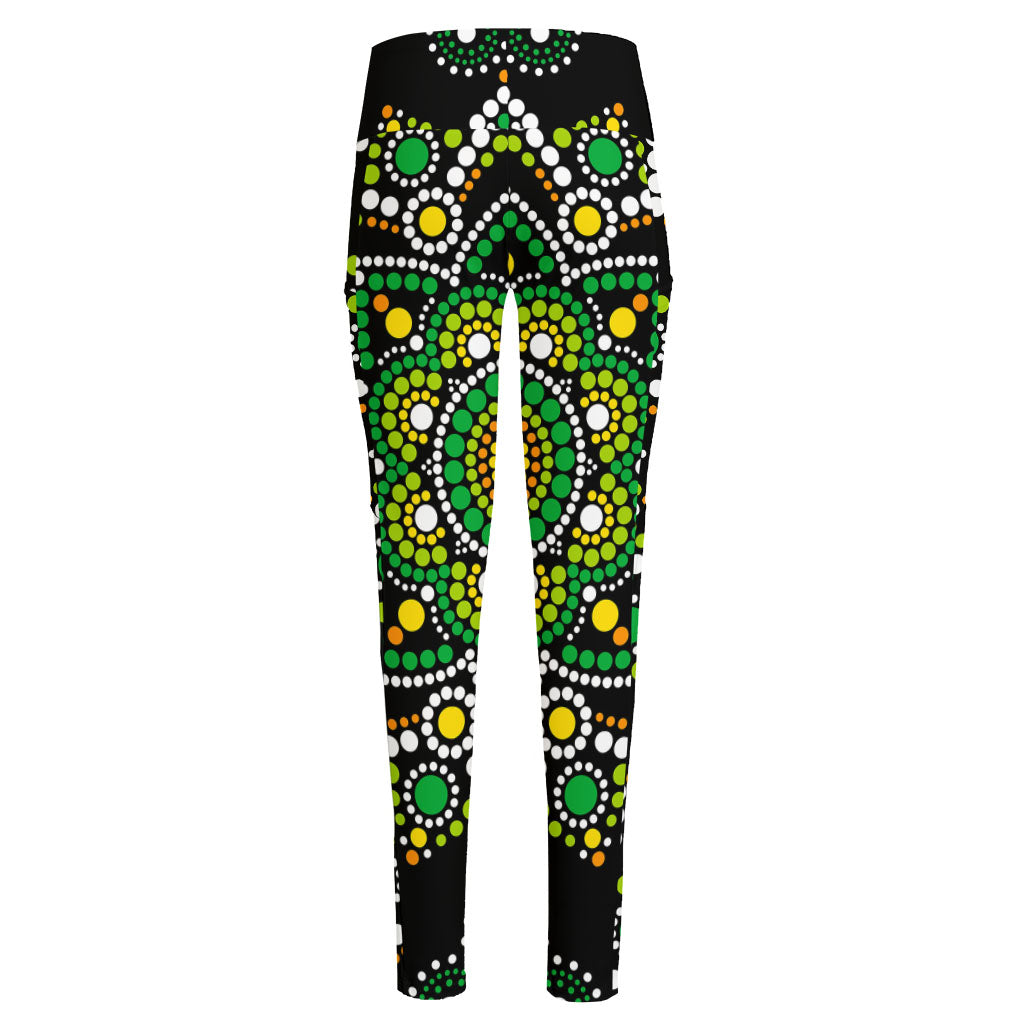 Green White Dot Mandala Print High-Waisted Pocket Leggings