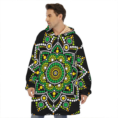 Green White Dot Mandala Print Hoodie Blanket
