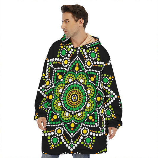 Green White Dot Mandala Print Hoodie Blanket