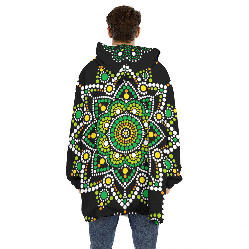 Green White Dot Mandala Print Hoodie Blanket