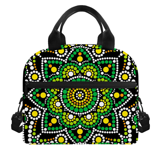 Green White Dot Mandala Print Insulated Lunch Bag
