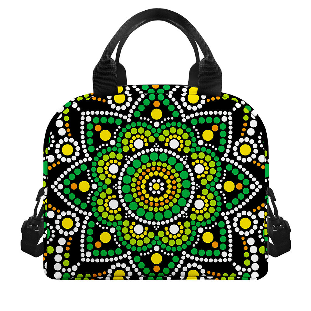 Green White Dot Mandala Print Insulated Lunch Bag