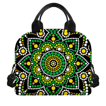 Green White Dot Mandala Print Insulated Lunch Bag
