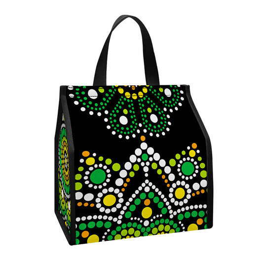 Green White Dot Mandala Print Insulated Lunch Tote